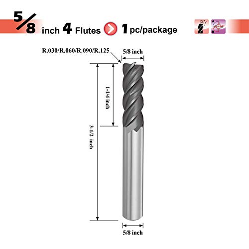 SPEED TIGER Carbide Corner Radius End Mill - 4 Flute - IPVR1T5/8 0.09" 4 (1 Piece, R0.09, 5/8") - Unequal Flute Spacing & Helix Design - for Titanium - Mill Bits Sets for DIYers & Professionals - size: 5/8 in, style: R0.09