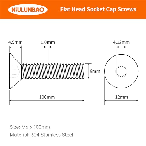 M6-1.0 x 100mm Flat Head Hex Socket Cap Screws Countersunk Bolts, 304 Stainless Steel, Metric Allen Socket Drive, Fully Threaded, Bright Finish, 10PCS - size: M6-1.0 x 100mm(10PCS)