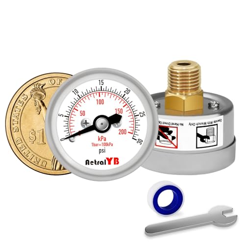 30Psi/200Kpa Mini Pressure Gauge,Stainless Steel Housing,Brass Internal,1.2 Inch Dial,NPT 1/8" Back Mount,Dry Type,Lead-Free Material, for Air,Water,Oil Pressure Test - size: 0-30PSI