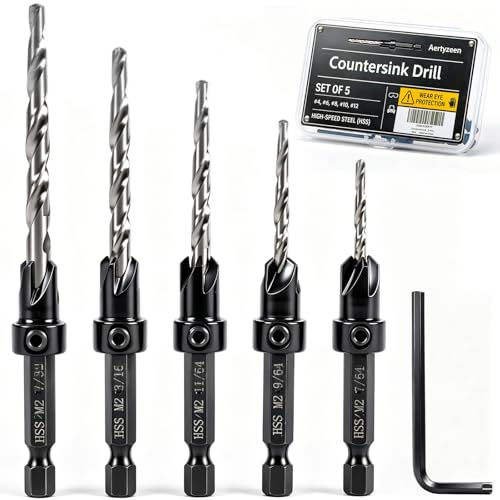 Countersink Drill Bit Set for Wood, 5 Pcs, Adjustable Depth Stop