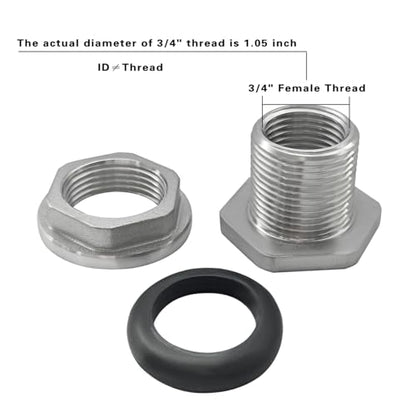 304 Stainless Steel Bulkhead Water Tank Fitting 3/4" Female Thread Compression Bulkhead Connector Thru-bulk Adapter with Gaskets for Bathtub and Sink (Pack of 2) - size: 3/4 Inch