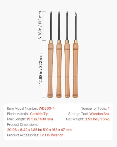 VEVOR Wood Lathe Turning Tool Set, 4PCS, Lathe Roughing Finishing and Detailing Hollow Tool with Wooden Handle, Diamond Round Square Carbide Inserts, Wooden Box, for Beginners Hobbyists Professionals - size: 19 in