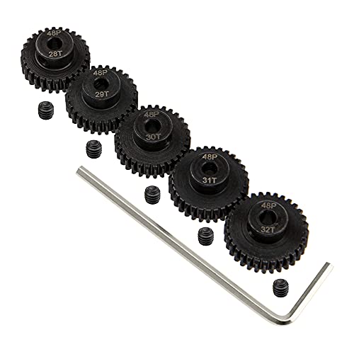 5Pack ShareGoo Steel 48P 3.175mm Pinion Gear Sets 28T 29T 30T 31T 32T fit 3.175mm (1/8-Inch) Shaft Compatible with Arrma HPI Kyosho Losi Axial Traxxas Tamiya Associated 1/10 RC Car Monster Truck Buggy