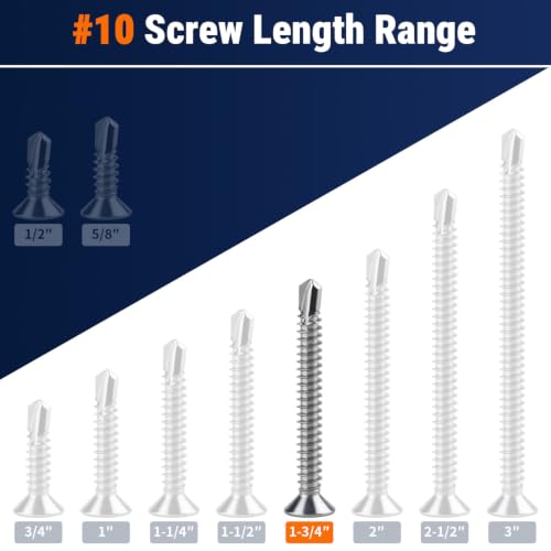 #10 x 1-3/4" Phillips Flat Head Sheet Metal Screws, Stainless Steel 410 Self Drilling Screws for Metal, Countersunk Head, Phillips Drive, Self Tapping, 50 Pack - size: #10 x 1-3/4"