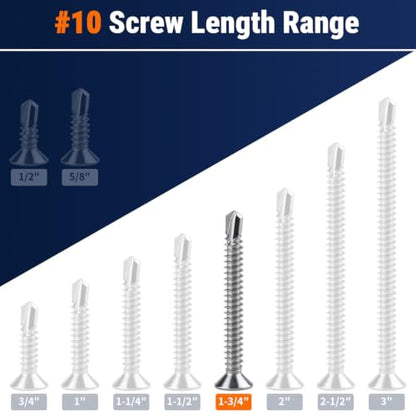 #10 x 1-3/4" Phillips Flat Head Sheet Metal Screws, Stainless Steel 410 Self Drilling Screws for Metal, Countersunk Head, Phillips Drive, Self Tapping, 50 Pack - size: #10 x 1-3/4"