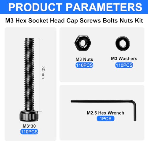 330Pcs M3 x 30mm Hex Socket Head Cap Screws with Nuts and Washers - color: BK-M3 x 30mm