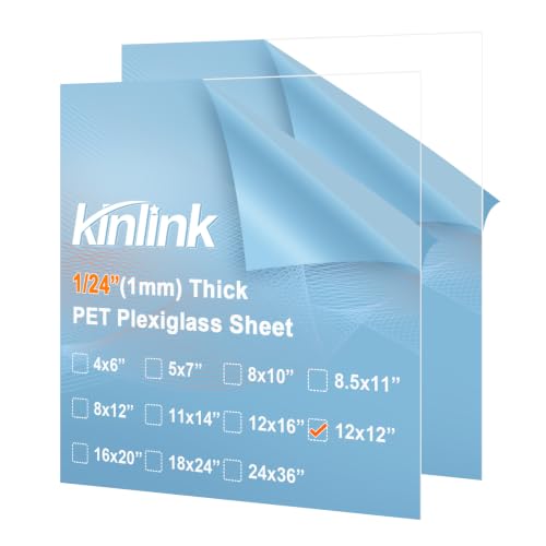KINLINK 12x12 Plexiglass Sheets 1/24 inch Thick, 1mm Clear PET Plastic Sheet for DIY Project, Craft, Table Top, Picture Frame, Acrylic Sign and Wedding Invitation 2 Pack - size: 12 x 12, 1mm