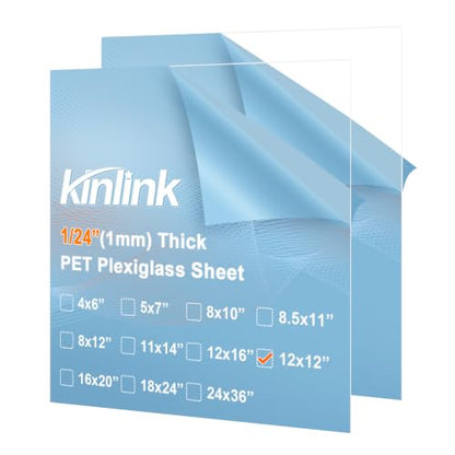 KINLINK 12x12 Plexiglass Sheets 1/24 inch Thick, 1mm Clear PET Plastic Sheet for DIY Project, Craft, Table Top, Picture Frame, Acrylic Sign and Wedding Invitation 2 Pack - size: 12 x 12, 1mm
