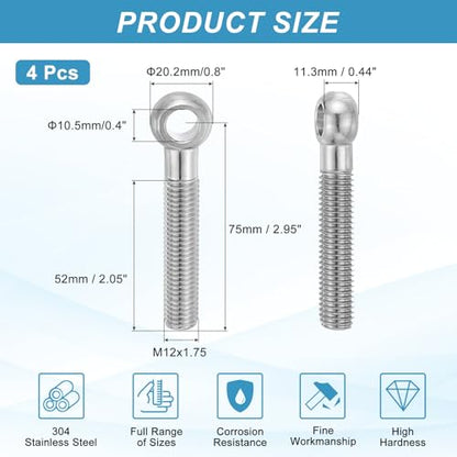 PATIKIL 4 Pcs M12x75mm Shoulder Swing Lifting Eye Bolt, 304 Stainless Steel Metric Half Tooth Thread Fisheye Eye Slip Hole Screw Rigging Bolt Metal Fasteners Screws, Silver Tone - size: M12x75mm