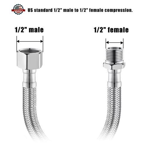 Water Supply Extension Line - 8 Inch Long, 1/2" Male Comp. To 1/2" Female Compression Stainless Steel Braided Hose, Fits Toilet Ballcock or Other Faucet Fitting - 2 Pieces - size: 1/2" Male to 1/2" Female