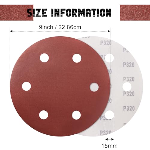 9 Inch 6 Hole Drywall Sanding Disc, 320 Grit 15 PCS Hook and Loop Sandpaper