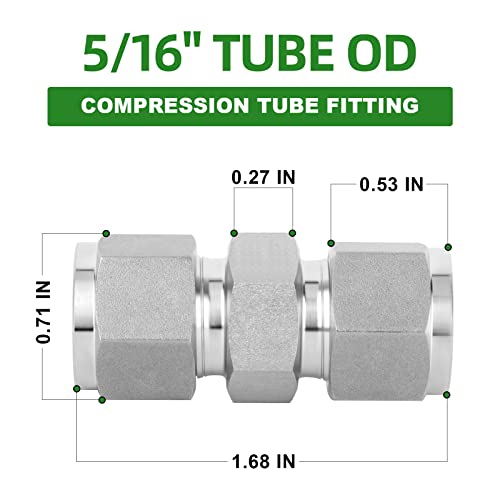 TAISHER 2PCS Forging of 304 Stainless Steel Compression Tube Pipe Fitting Connector(Thread Silver Plated), 5/16" Tube OD x 5/16" Tube OD Straight Adapter - size: 5/16" OD, style: OD x OD