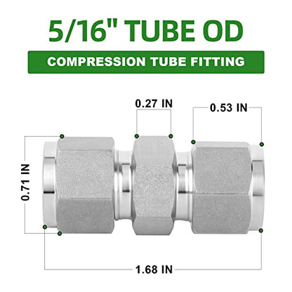TAISHER 2PCS Forging of 304 Stainless Steel Compression Tube Pipe Fitting Connector(Thread Silver Plated), 5/16" Tube OD x 5/16" Tube OD Straight Adapter - size: 5/16" OD, style: OD x OD