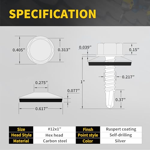 Metal Roofing Screws #12 × 1", 300 PCS, FIXLINK RUSPERT Hex Head Rubber Washer Sheet Metal Roof Screws Self Drilling Metal to Wood Siding Screws, Hex Socket Included, Silver - color: Silver, size: #12 x 1"