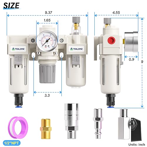 TAILONZ PNEUMATIC 1/2 Inch NPT Automatic Drain 3 in 1 Oil Air Pressure Regulator Filter AC4000-04D（0-150PSI） with Lubricator Cup for Air Tools System - color: Automatic/3 in 1, size: 1/2"NPT