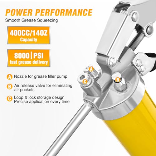GOOACC Grease Gun Heavy Duty Pistol Grip Grease Gun Kit with Quick Release Coupler 18" Spring Flex Hose Needle Nozzle Rigid Pipe, 8000PSI 14oz Grease Guns Tool for Automotive Farm Industrial Equipment - size: Manual 14oz Yellow 10PCS