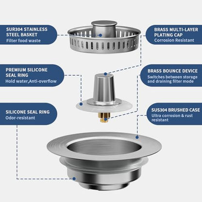 3-in-1 Kitchen Sink Drain Strainer & Sink Stopper 2 Pack - 304 Stainless Steel Sink Drain Strainer, Pop-Up Anti-Clog Design, Fits Standard 3-1/2'' Sink Drains - color: Sus304 Brushed 2pack