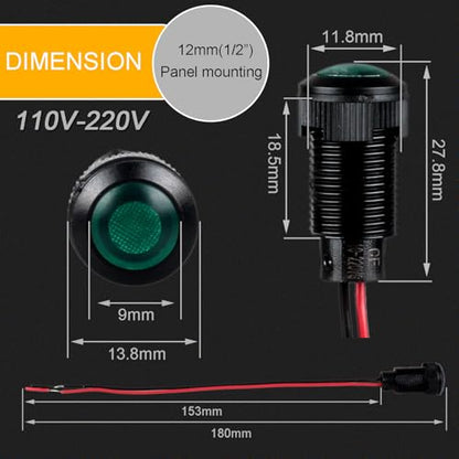 5pcs 12mm LED Indicator Light Plastic Black Signal Dot Lamp 110-220VAC 1/2 inches Mounting Hole Size with 15cm/5.9in. Wire (Green LED) - color: Green, size: 12mm 110-220V