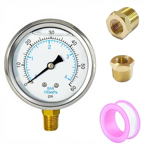 YSIL 1/4 NPT Liquid Filled Pressure Gauge w/ 3/8 NPT 1/2 NPT Adapter 60Psi - size: 0-60 psi