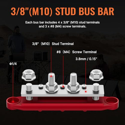 Joinfworld Bus Bar 12V 250A Power Distribution Block 4 x 3/8" Studs Marine Bus Bar 12 Volt Battery Busbar Terminal Block for Automotive, Car, Boat, Solar Wiring - Negative&Positive - size: 250A 4 x 3/8"(M10) Studs