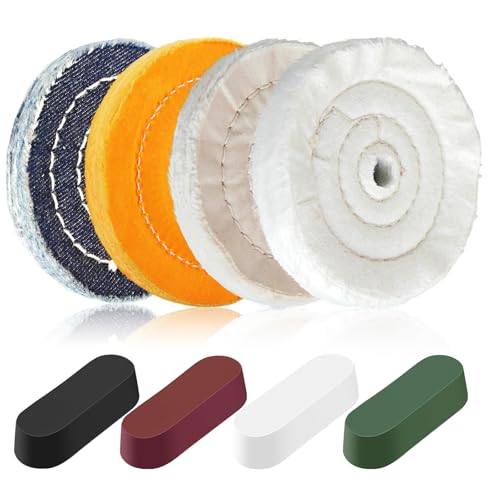 8PCS 4 Inch Buffing & Polishing Wheel Kit for Bench Grinder, 1/2" Arbor Hole, Denim/Yellow/White/Flannel Polishing Wheels with 4 Buffing Compoun,Polishing Rouge Bars - size: 4 Inch - 8 PCS
