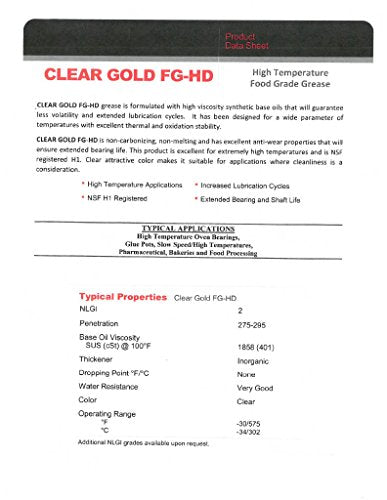 TTL Clear Gold FG-HD High Temp Food Grade Grease Cartridge, 14.5 oz – NSF H1 Synthetic Lubricant for Bearings, Glue Pots, Pharmaceutical Equipment – Non-Melt, Rust Resistant