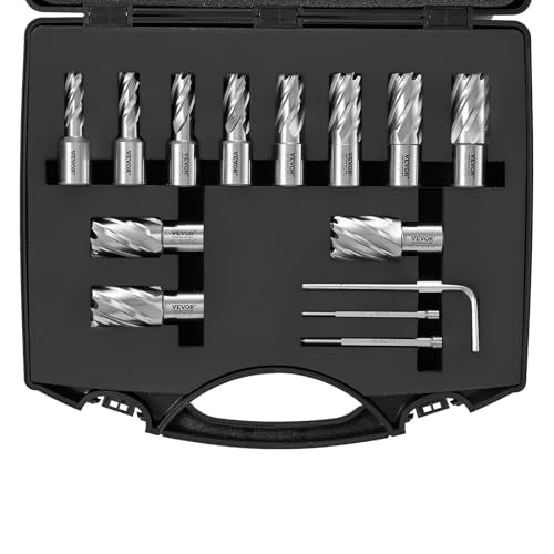 VEVOR Annular Cutter Set, 13 pcs Weldon Shank Mag Drill Bits, 1" Cutting Depth, 7/16" to 1-1/16" Cutting Diameter, M2AL HSS, 2 Pilot Pins, Hex Wrench and Portable Case, for Using with Magnetic Drills - size: 7/16" - 1-1/16" * 1"