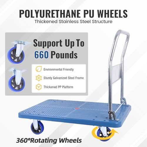 Foldable Push Cart Dolly 660 lbs,Moving Platform Hand Truck,with 360° Swivel Wheels, for Home Garage Workshops, Loading, Storage, Warehouse