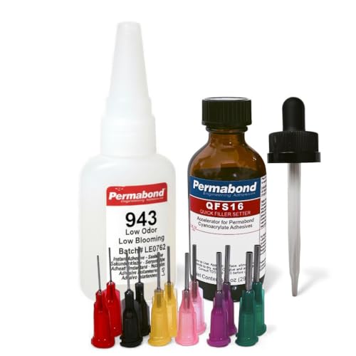 Permabond 943 Low Odor Non-Frosting Cyanoacrylate Adhesive, Clear Thin Wicking Industrial Super Glue, Fast Curing, High Strength Bond for Metal and Plastic (Glue + Tips + Accelerator, 1oz) - style: Glue + Tips + Accelerator