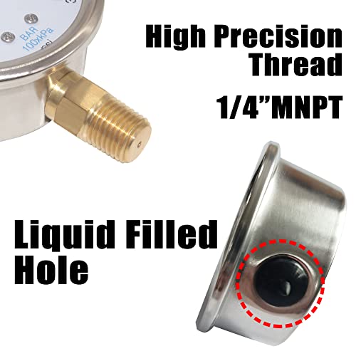 2-1/2" Dial 1/4" NPT 0~100Psi 304 Stainless Steel Glycerin Filled Pressure Gauge Bottom Mount - size: 0-100Psi (liquid filled), style: Lower Mount-1/4"NPT