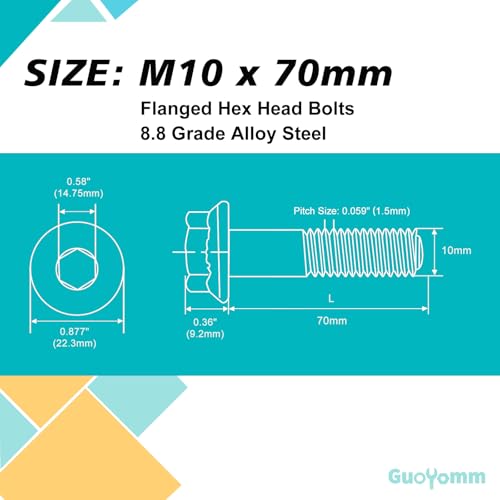 M10 x 70mm 6pcs Flanged Hex Head Bolts, M10 x 1.5 Bolts, Flange Hexagon Head Screws, 8.8 Grade Alloy Steel, Yellow Zinc Plated, Metric Half Thread - size: M10 x 70mm(6PCS)