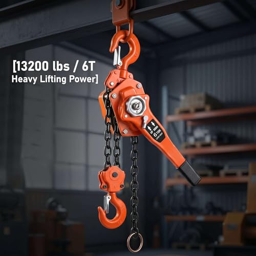 6T Manual Lever Chain Hoist 13200 lbs Capacity 20 FT Chain Puller Hoist Carbon Steel Ratchet Chain Puller for Heavy Duty Lifting in Factories and Construction Sites. - size: 6Ton 20Ft