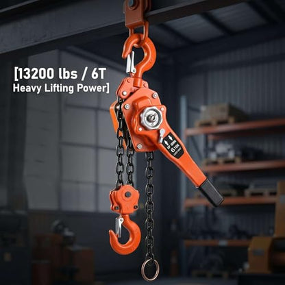 6T Manual Lever Chain Hoist 13200 lbs Capacity 20 FT Chain Puller Hoist Carbon Steel Ratchet Chain Puller for Heavy Duty Lifting in Factories and Construction Sites. - size: 6Ton 20Ft