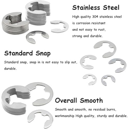 200Pcs E Clip Retaining Rings Assortment Set 304 Stainless Steel M1.5-M10 E Clip Assortment Kit for External Retaining Rings Washer Bearings, Gears, Pulleys, Axles, with Storage Boxes