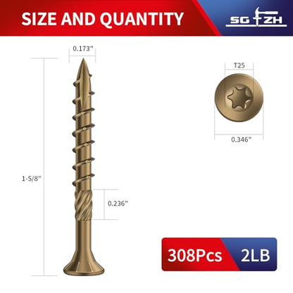 #8 x 1-5/8" Deck Screws (308Pcs) 2lb. Carbon Steel, Yellow, Flat Head, Rust Resistant epoxy Coated, with T25 Star Bit - color: Yellow, size: #8 x 1-5/8"