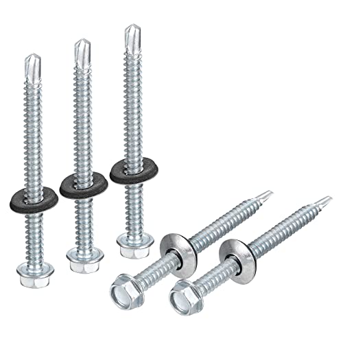 uxcell #14 x 2-61/64" Self Drilling Screws with Rubber Washer, 100pcs Zinc Plated Steel Roofing Screws Hex Head Self Tapping Screws with EPDM Washer for Metal to Metal - size: #14 x 2-61/64"