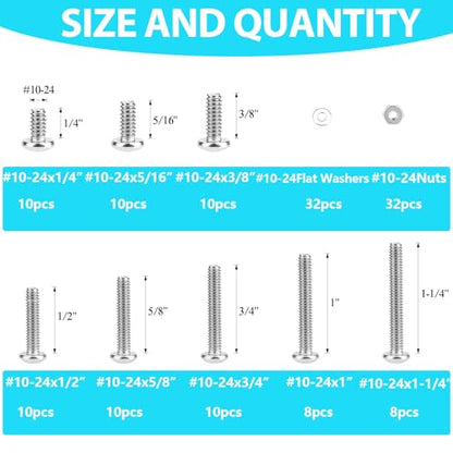 140 Pieces #10-24 Phillips Pan Head Machine Screws Nuts Washers Assortment Kit, Coarse Thread, Fully Machine Threaded, 304 Stainless Steel - size: #10-24
