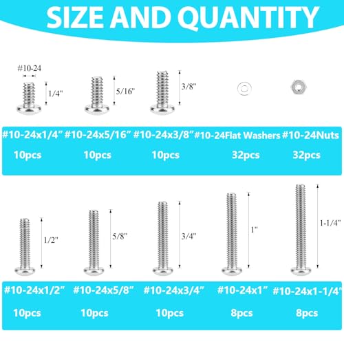 140 Pieces #10-24 Phillips Pan Head Machine Screws Nuts Washers Assortment Kit, Coarse Thread, Fully Machine Threaded, 304 Stainless Steel - size: #10-24