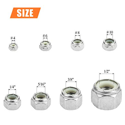 HELIFOUNER 225 Pieces 8 Sizes Nylon Insert Hex Lock Nut Assortment Kit, 304 Stainless Steel (#4-40 to 1/2"-13) - size: #4-40 to 1/2"-13 (225 pcs)