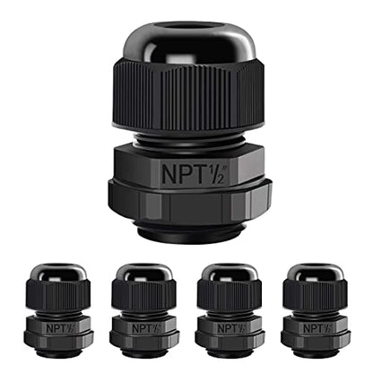 LeMotech 5 Pack NPT 1/2" Cable Glands Waterproof Adjustable 6-12mm Cable Connectors Black Nylon Joints with Gaskets - color: Black, size: 1/2inch 5-pack