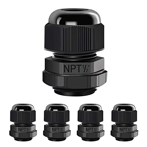 LeMotech 5 Pack NPT 1/2" Cable Glands Waterproof Adjustable 6-12mm Cable Connectors Black Nylon Joints with Gaskets - color: Black, size: 1/2inch 5-pack