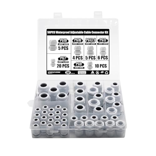 Cable Glands 50 pcs Cable Gland Waterproof joints, Adjustable White 3-16mm Waterproof Cable Connectors PG7 PG9 PG11 PG13.5 PG16 PG19 Plastic 4 cable glands and Gaskets in PP Box - color: White