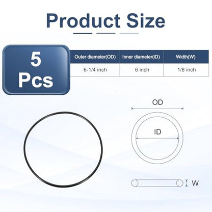 uxcell 5Pcs AS-258 O-Rings, Nitrile Rubber O-Rings 6" ID, 6-1/4" OD, 1/8" Width Round Sealing Gasket for Hydraulic Pneumatic Systems Sealing Repair (90 Durometer, Black) - size: 6" ID, 1/8" Width