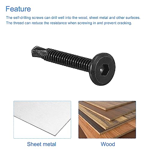 uxcell Hex Socket Self Tapping Screws, #10 x 1-1/2" 410 Stainless Steel Sheet Metal Flat Head Drilling Screw 100pcs, Black - color: Black, size: #10 x 1-1/2"