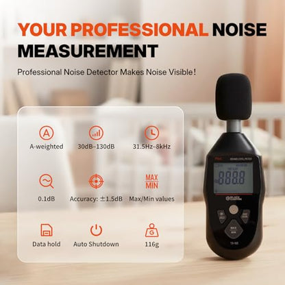 BLACK CANYON Sound Level Meter – Digital DB Meter, Sound Decibel Meter, Decibel Reader, Noise Decibel Reader, 30–130dB, 30Hz–8kHz, A-Weighting,Auto Power-Off, LCD Display (Classic Black)