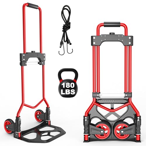 Folding Hand Truck Dolly Cart, 180LBS Portable Aluminum Hand Truck Foldable with Telescoping Handle and Elastic Cord for Luggage, Boxes, Functionality Foldable Dolly for Home, Moving, Black Red - color: Black Red, size: 180 lbs