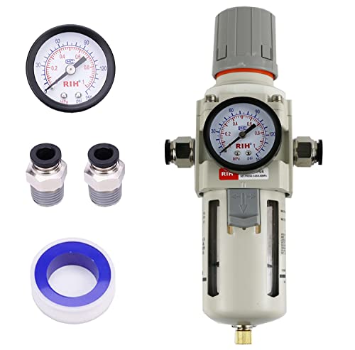 RIH Pneumatics 1/2"NPT Air Filter Pressure Regulator Combo Piggyback, 5 Micron Brass Element, Poly Bowl, Semi-Auto Drain, Metal Bracket, 0-150 psi Gauge Air Tool Compressor Filter with Gauge (1/2"NPT) - size: 1/2"NPT