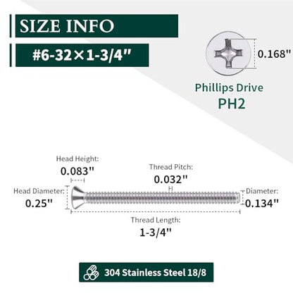 #6-32 x 1-3/4" Phillips Flat Head Machine Screws, 304 Stainless Steel (18-8), Coarse Thread UNC Fully Threaded, 50-Pack - size: #6-32 x 1-3/4"