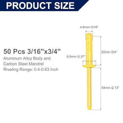 uxcell 50Pcs 3/16" x3/4" Aluminum Blind Rivets, Dome Head Multi Grip Aluminum Steel Mandrel Rivets Fasteners for Metal, Furniture, Automotive, Yellow - color: Yellow