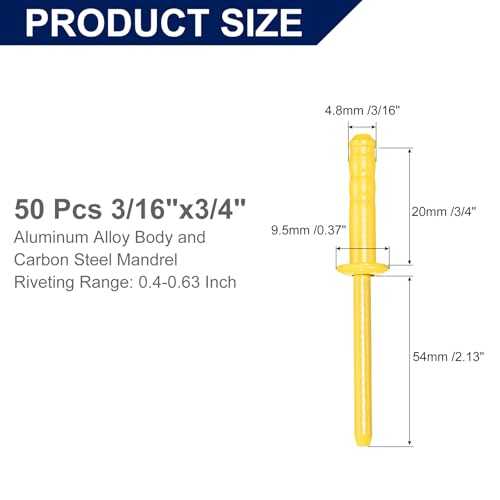 uxcell 50Pcs 3/16" x3/4" Aluminum Blind Rivets, Dome Head Multi Grip Aluminum Steel Mandrel Rivets Fasteners for Metal, Furniture, Automotive, Yellow - color: Yellow